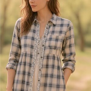 Free People 100% Cotton Plaid Tunic Shirt
